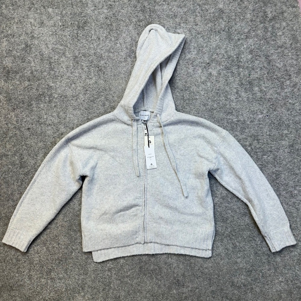 Pink Rose Zip Up Knit Hoodie Women XS Grey Recycled Blend Sweater NWT